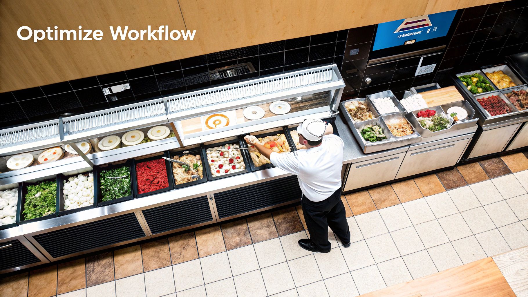 An efficient pizza prep line with ingredients ready in an under-counter refrigerator.