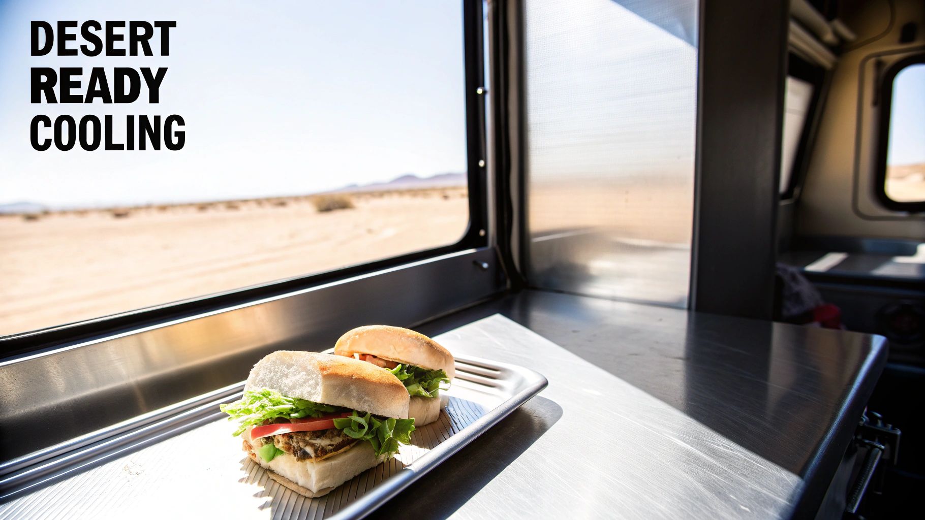 Two sandwiches on a metal tray inside a food truck, with a desert landscape visible. Text: 'DESERT READY COOLING'.