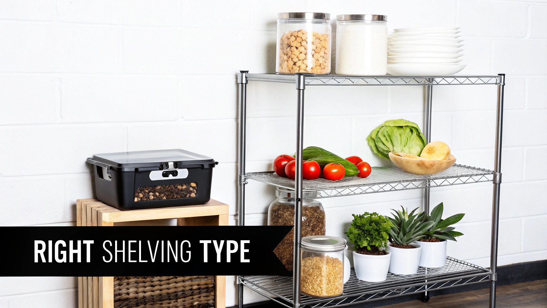 A chrome wire shelving unit holds various food items, jars, and potted plants in a pantry setting.