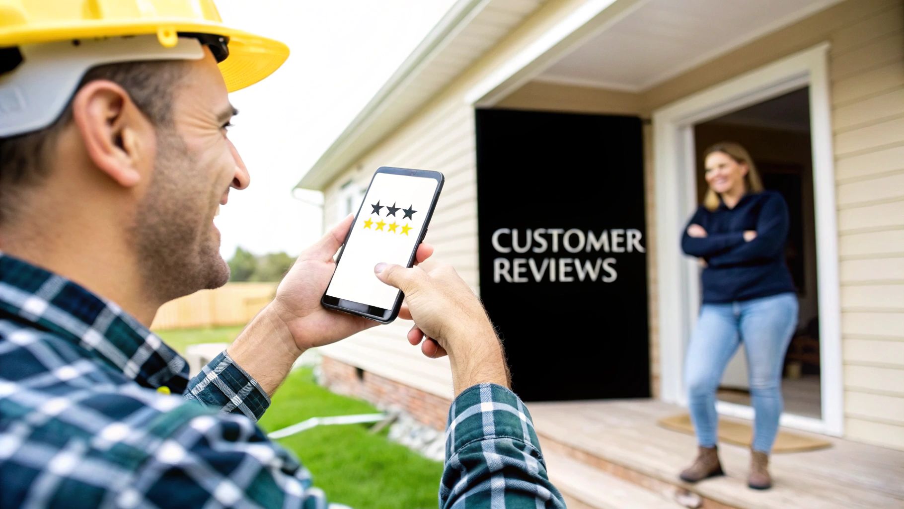 Contractor showing a 4-star customer review on a smartphone to a smiling customer at her home.