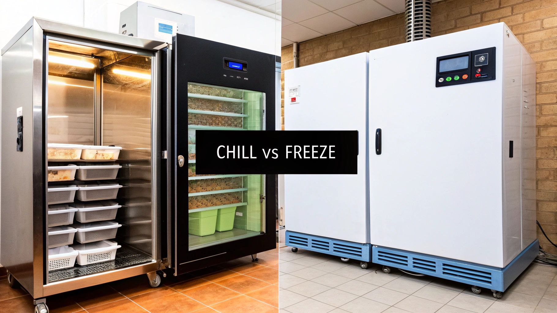 Two types of commercial refrigeration units, one for chilling food and another for freezing, with text 'CHILL vs FREEZE'.