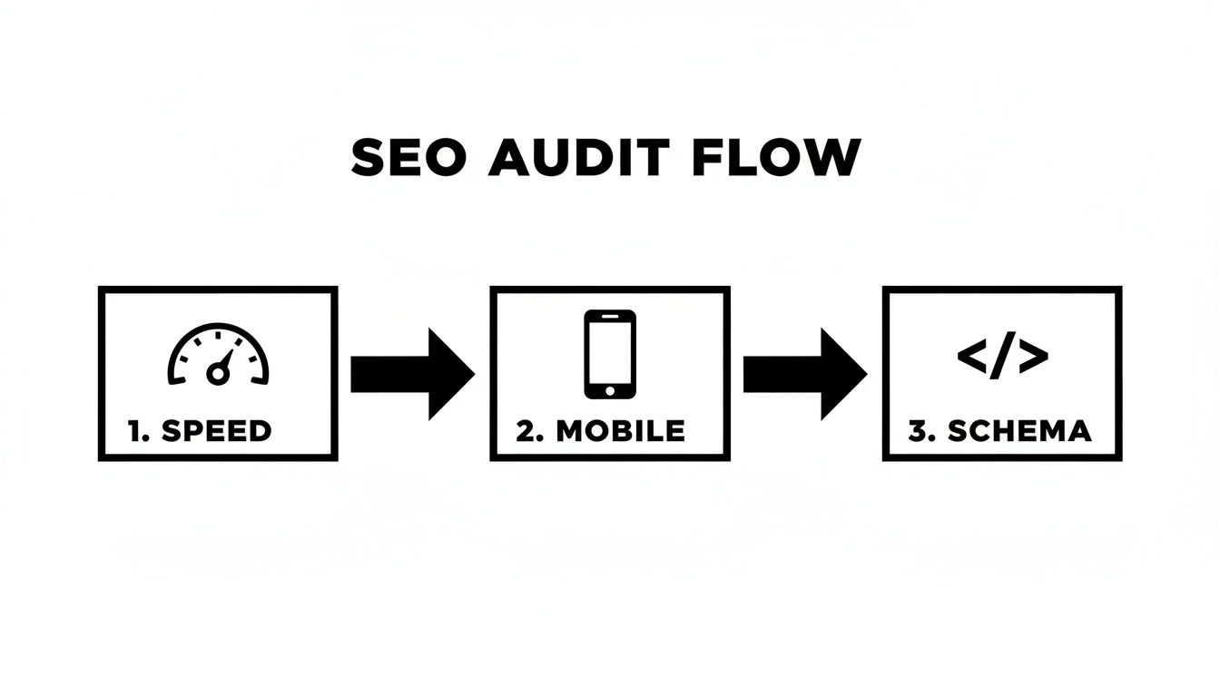 A flowchart illustrating the SEO audit process with three key steps: speed, mobile optimization, and schema markup.