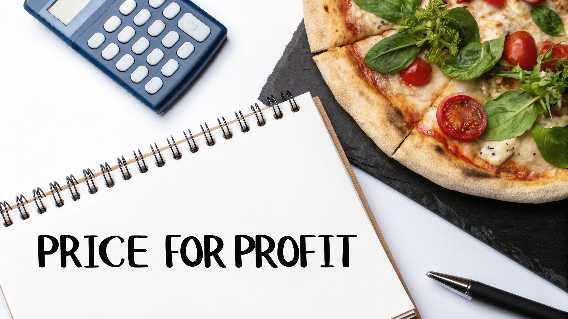 A notebook displaying 'PRICE FOR PROFIT' next to a calculator and a pizza.