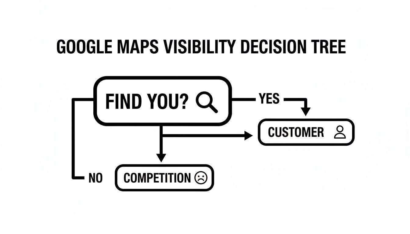 A Google Maps visibility decision tree flowchart showing if customers find your business or your competition.