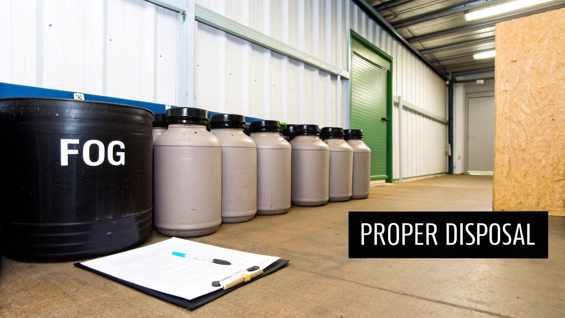 A waste management professional in uniform handling a large, sealed container for FOG disposal.