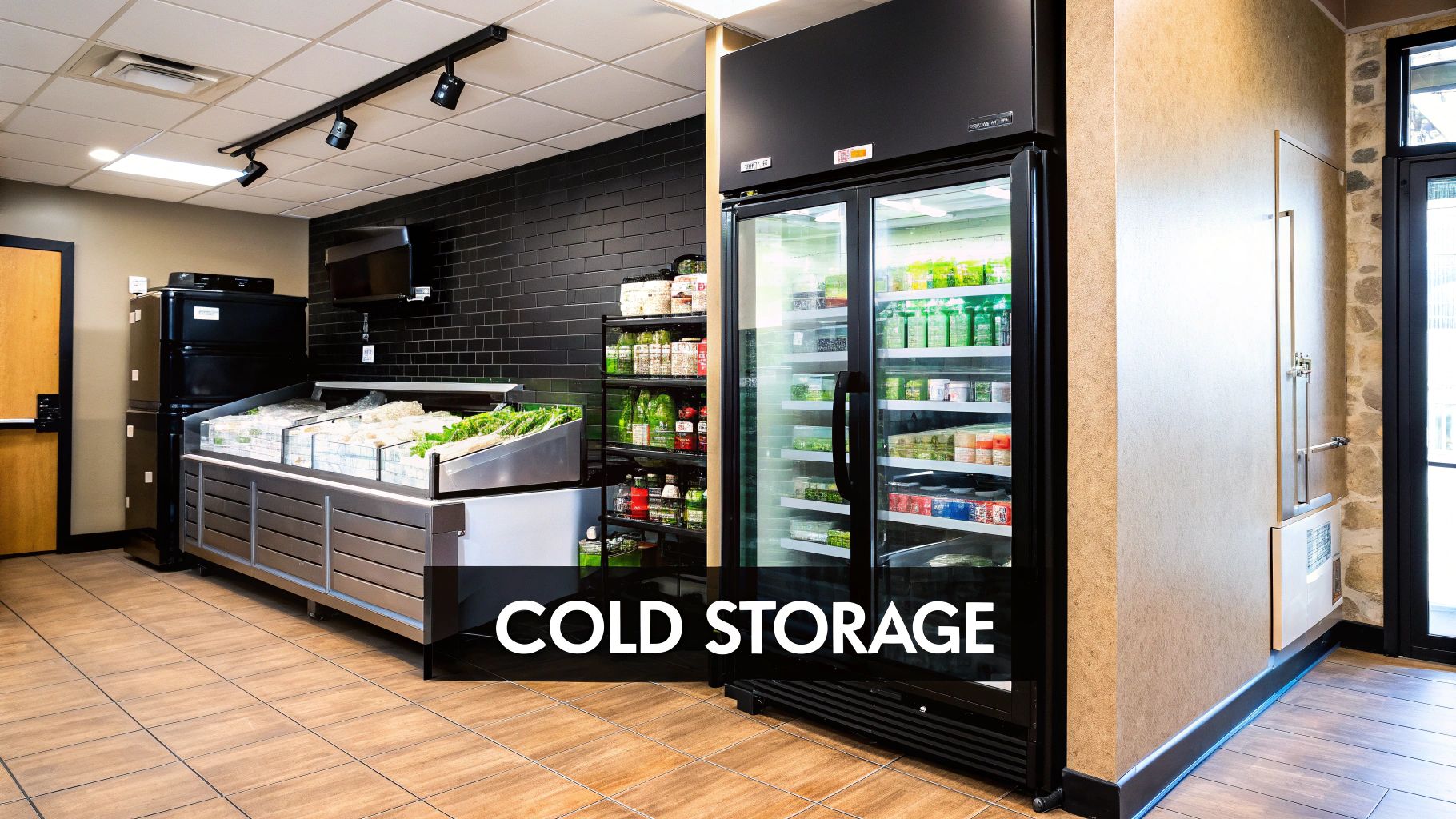 Interior of a modern retail space with a display cooler, fresh produce counter, and cold storage units.