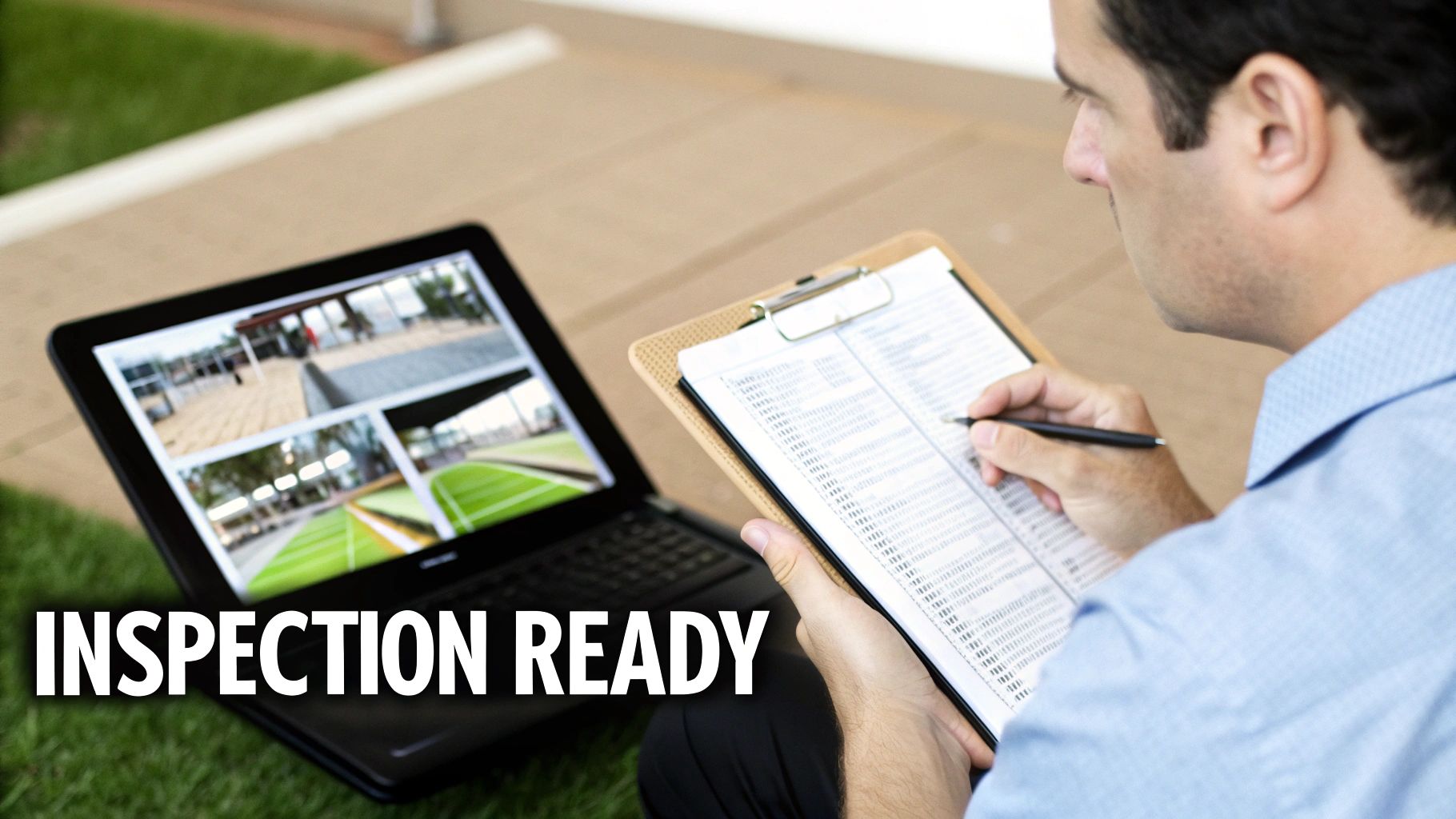 A man writes on a clipboard, monitoring multiple camera feeds on a laptop, ready for inspection.