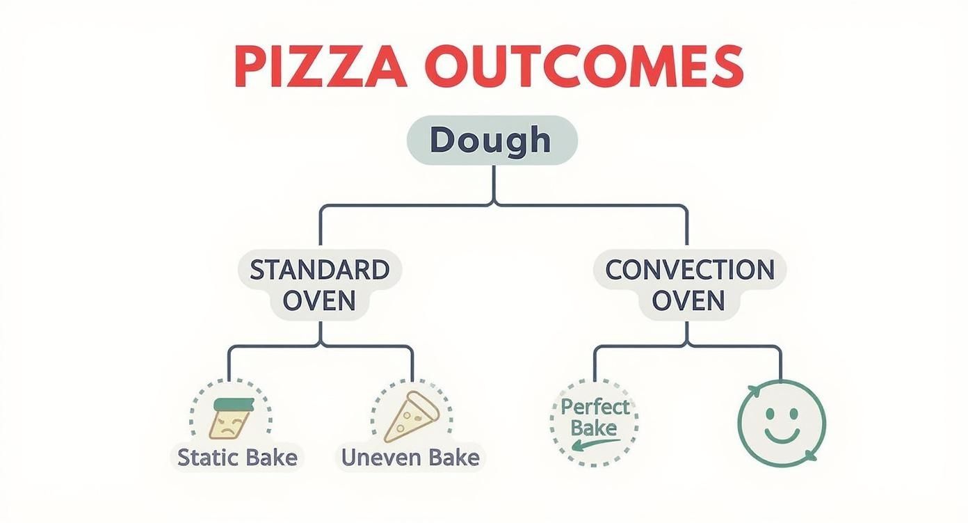 Infographic decision tree showing dough leading to an uneven bake with a standard oven, and a perfect bake with a convection oven.