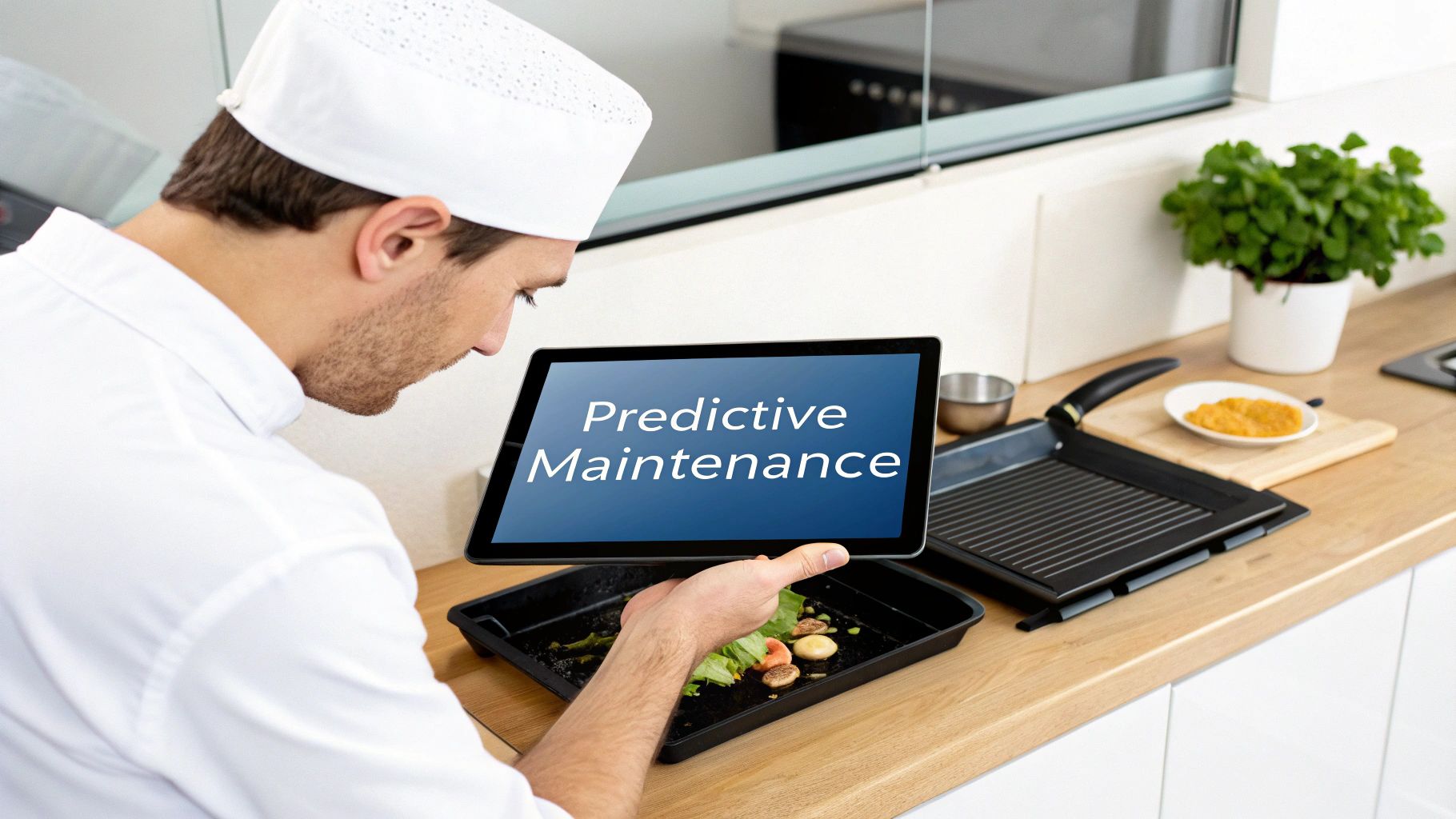 A chef operating a smart commercial griddle with a digital interface.
