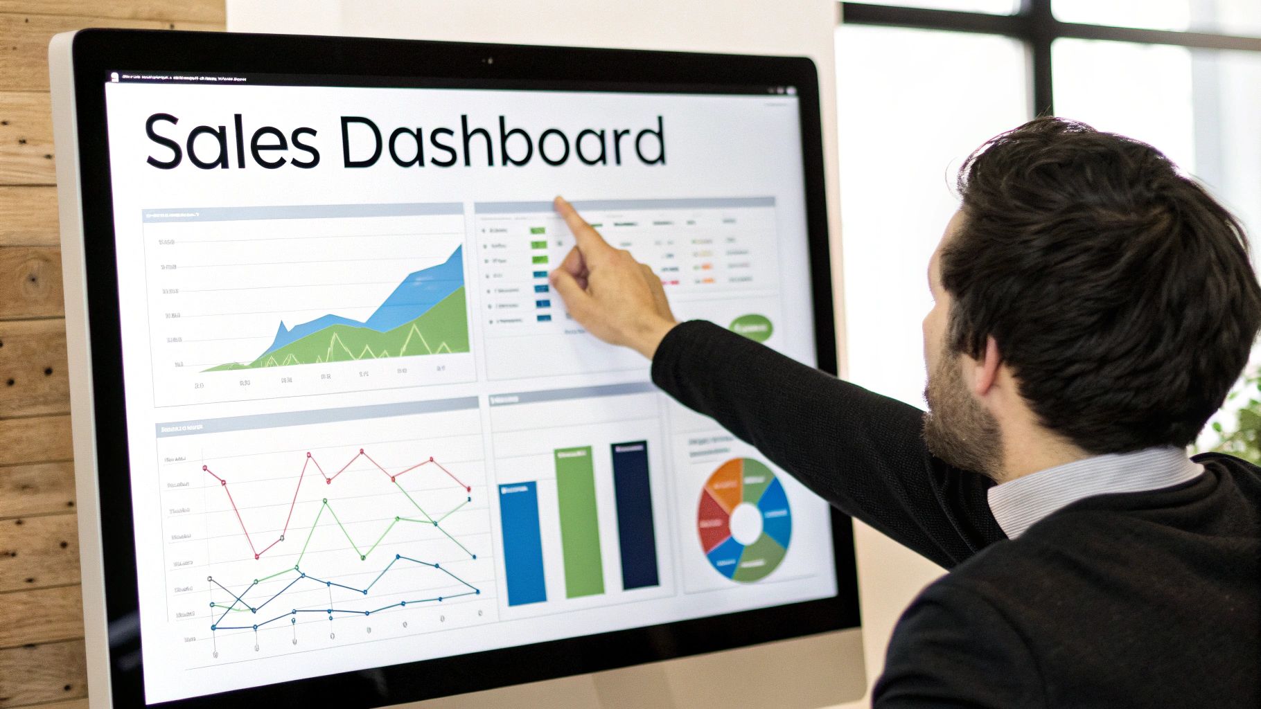 A man points at a computer screen displaying a Sales Dashboard with various data charts.