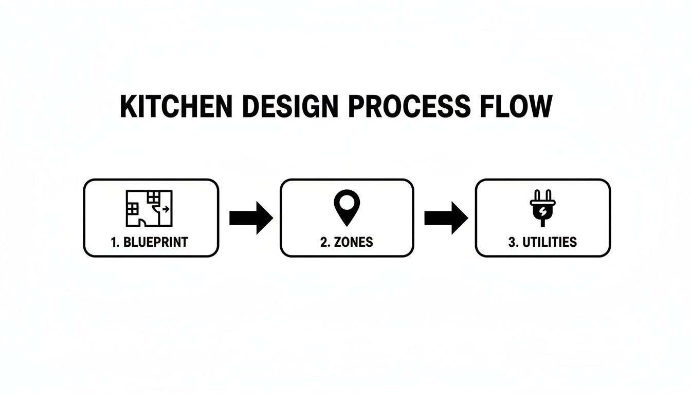 Kitchen design process flowchart illustrating three steps: blueprint, zones, and utilities.