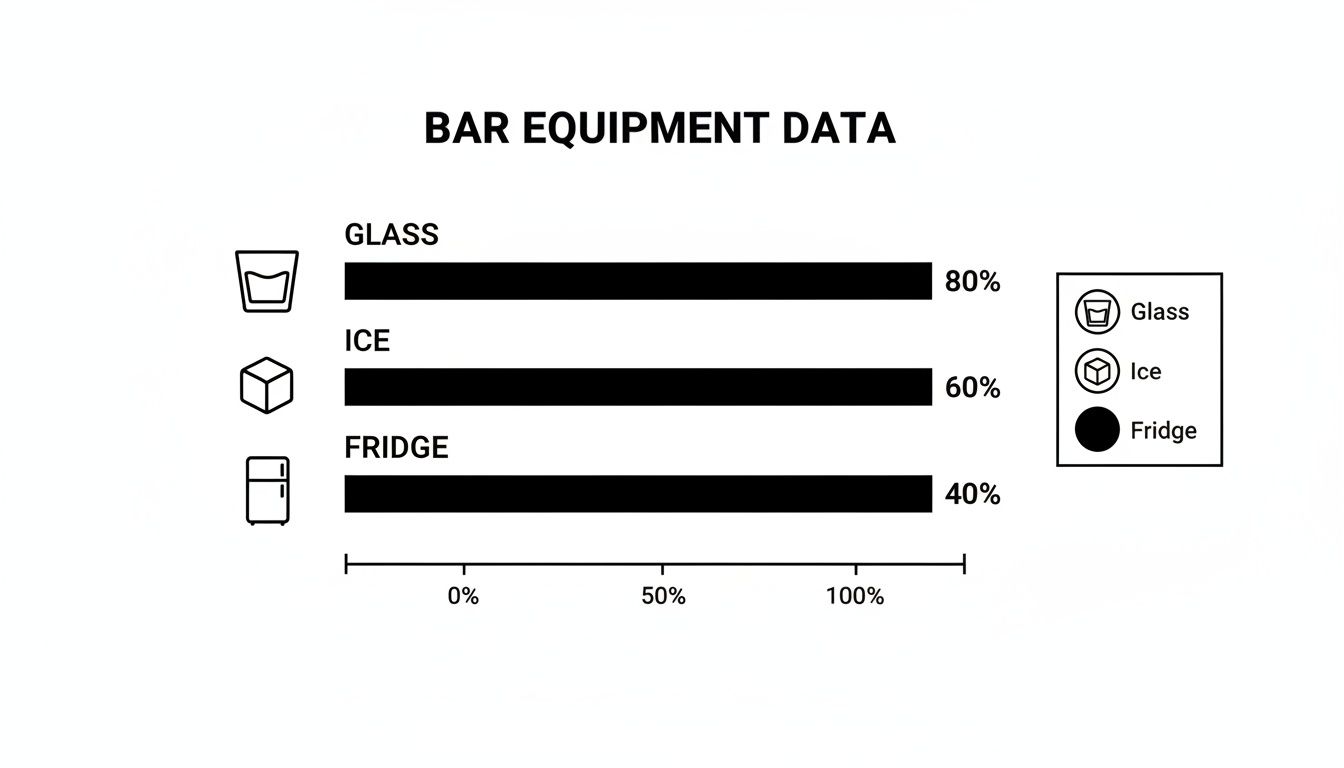 Bar equipment data bar chart showing glass at 80%, ice at 60%, and fridge at 40%.