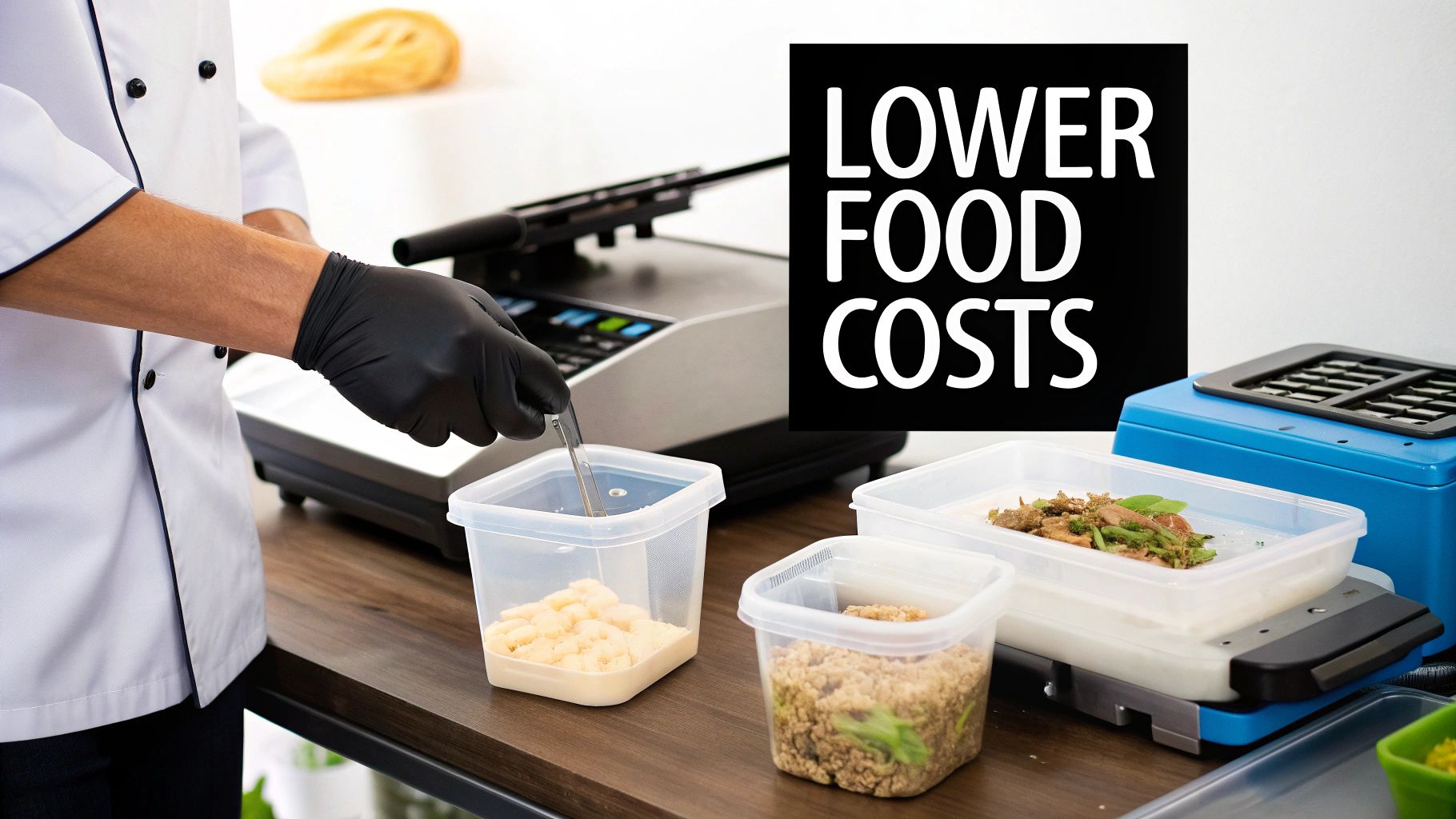 Gloved chef portions meals into plastic containers on a counter, with a 'LOWER FOOD COSTS' sign.