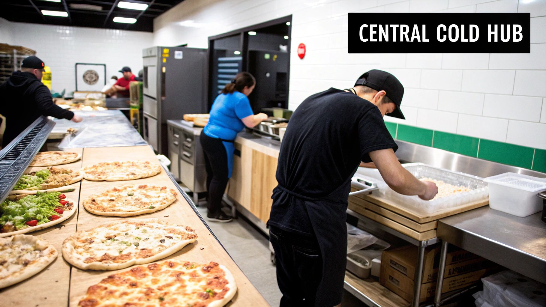 Kitchen staff in a bustling commercial kitchen preparing food with pizzas on display.