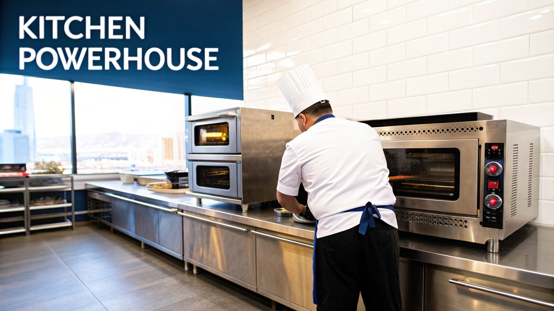 A chef works in a modern commercial kitchen with stainless steel convection ovens and a city view.
