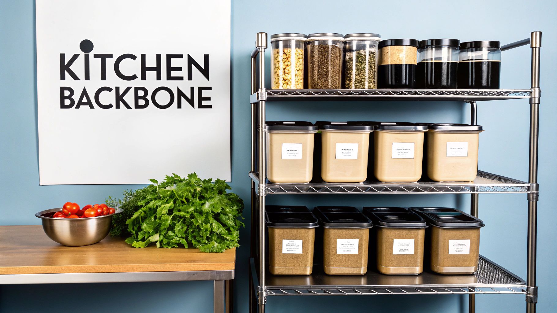 Organized pantry with stainless steel shelves, various food storage containers, fresh vegetables on a counter.
