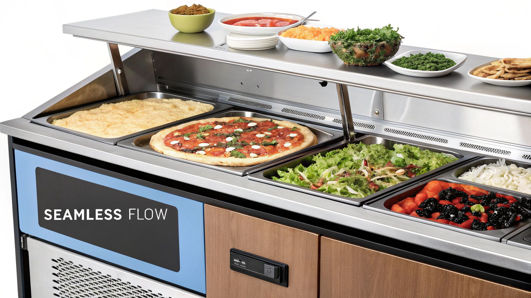 A close-up of a stainless steel pizza prep table with an under counter refrigerator, showing organized ingredient bins.