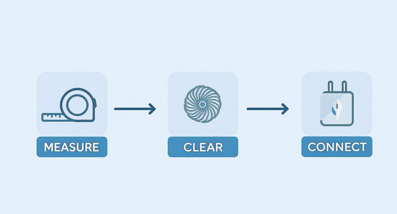 Diagram illustrating a three-step process: measure (tape), clear (swirl), and connect (plug).