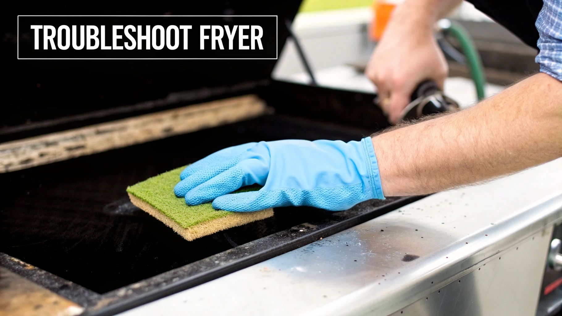 A gloved hand uses a scrubbing sponge to clean the dirty interior of a commercial fryer.