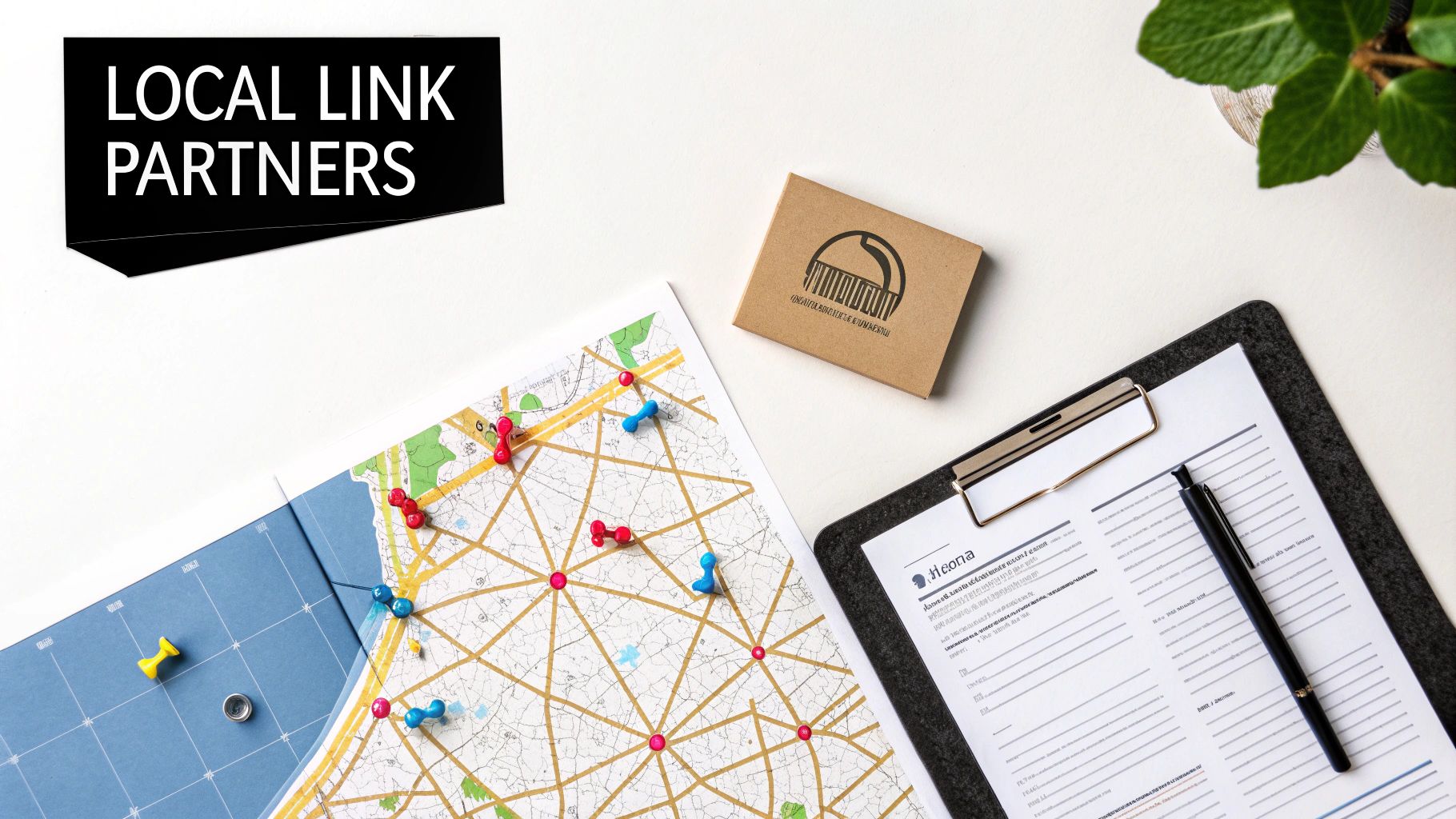 Overhead view of a desk with a map, pins, clipboard, and 'LOCAL LINK PARTNERS' sign, depicting strategic outreach.