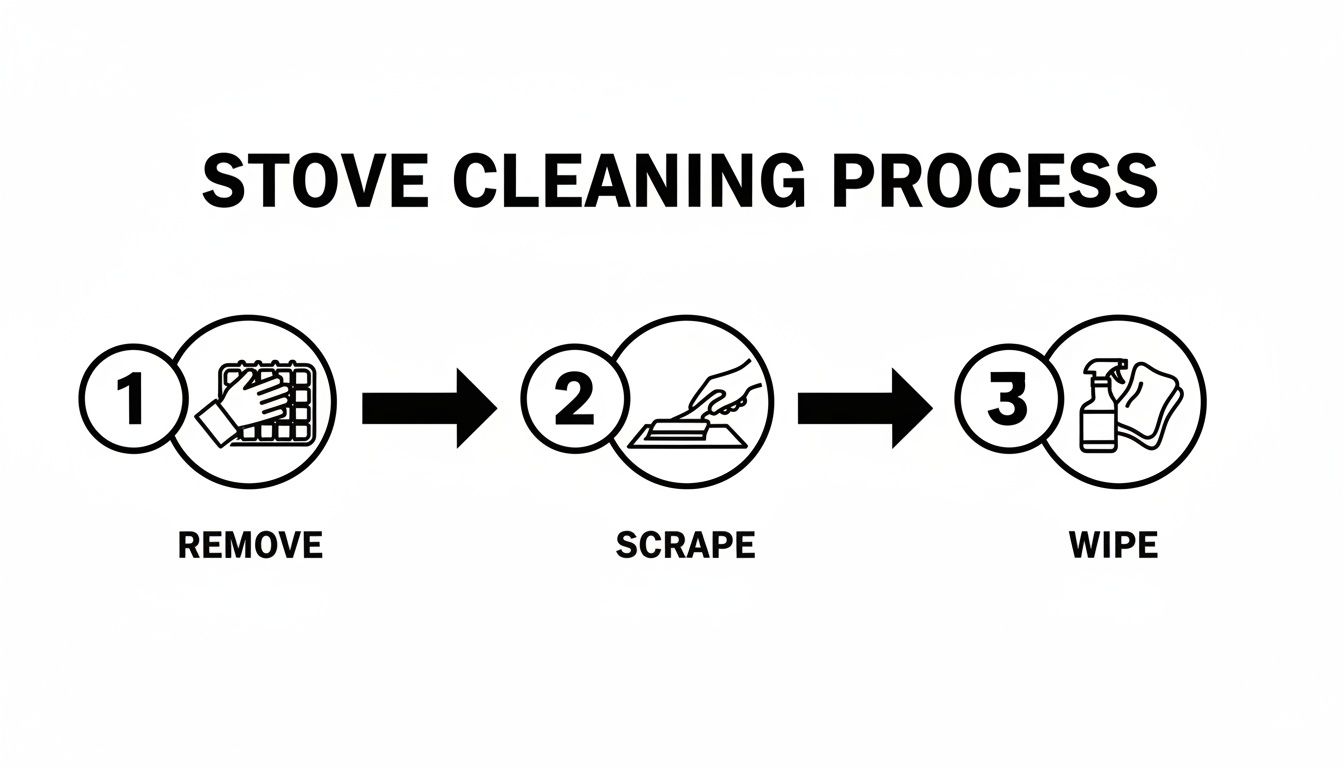 A three-step infographic detailing the stove cleaning process: remove, scrape, and wipe.