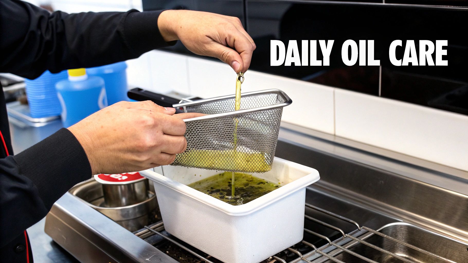 A person filters oil from a fryer basket into a white container for daily oil care.