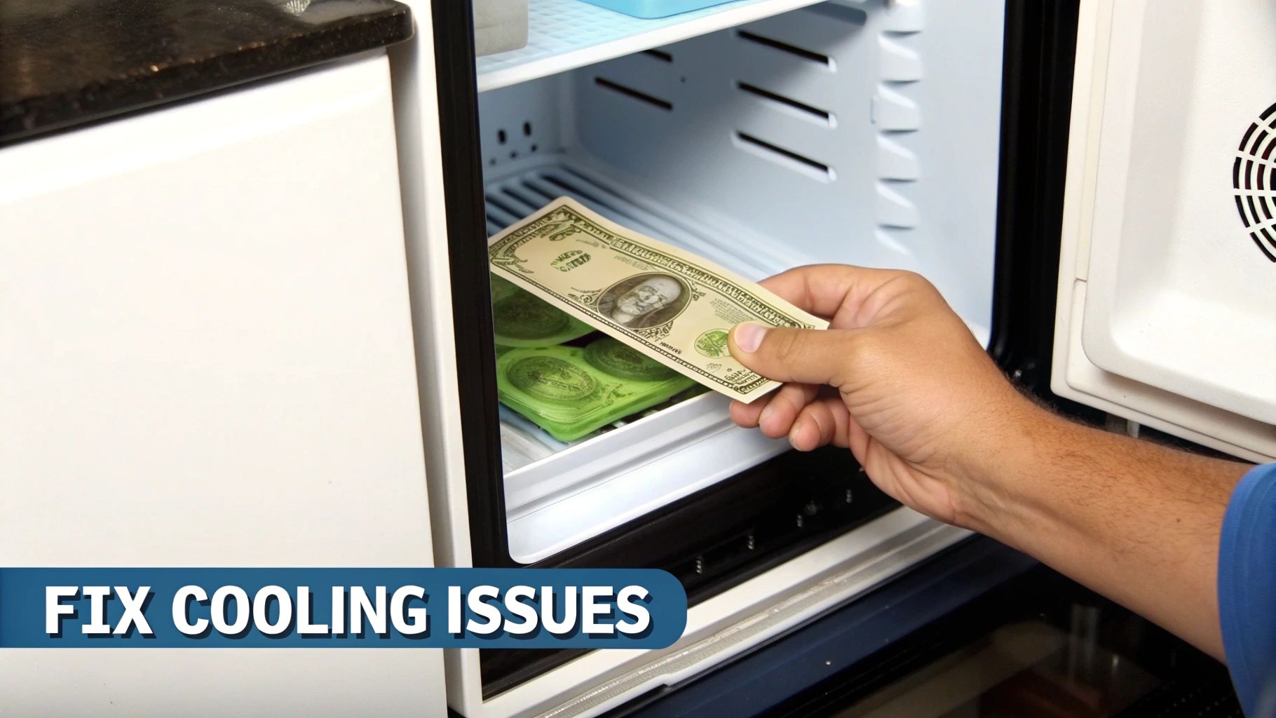 A hand places a dollar bill inside a mini-fridge with green ice trays, to fix cooling issues.
