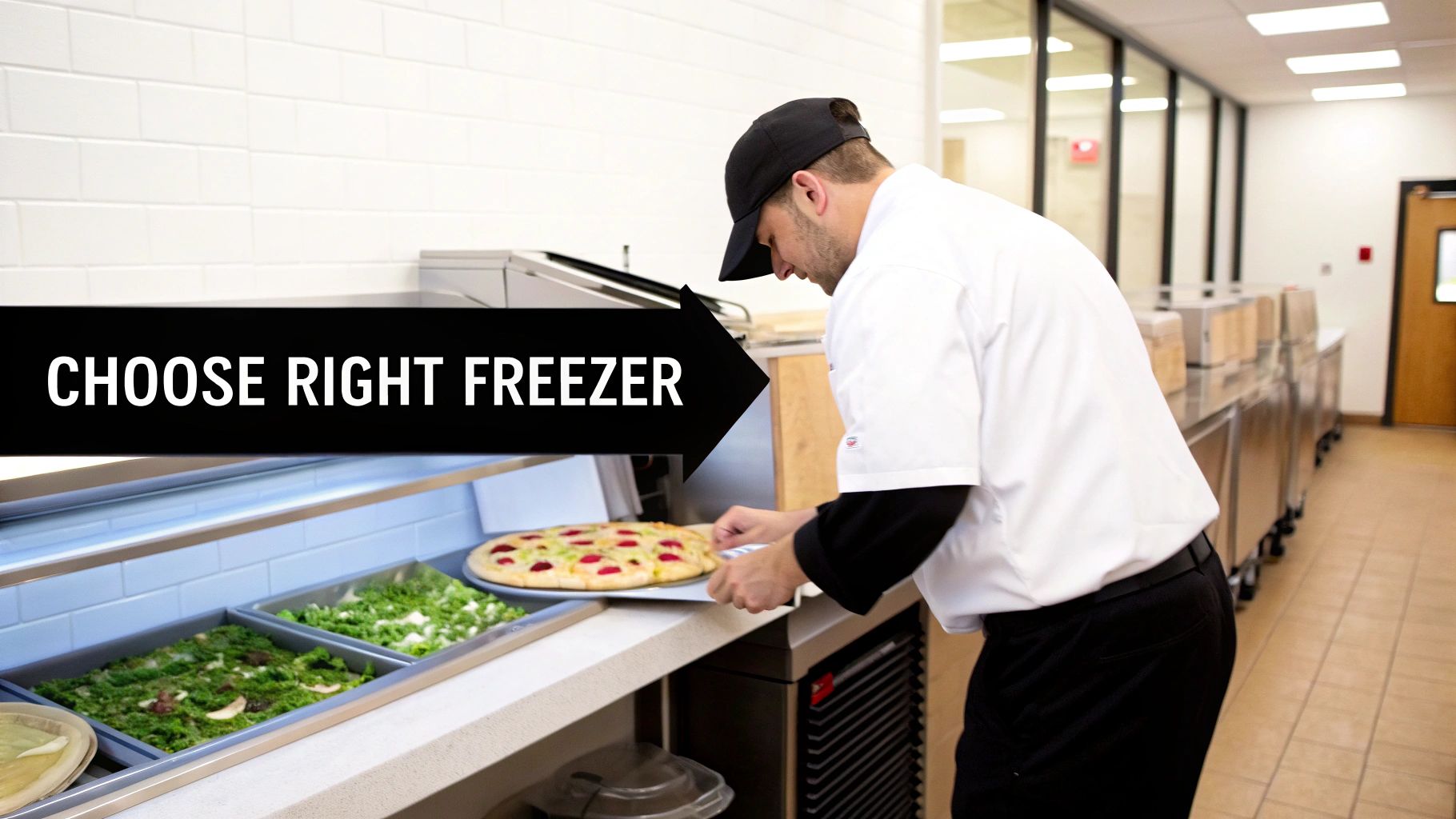 A chef places a fresh pizza into a commercial food preparation counter, highlighting freezer choices.