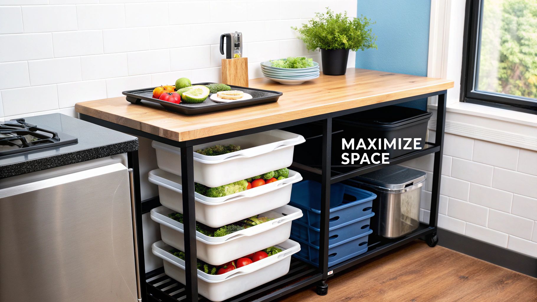 A detailed view of a customized stainless steel food prep table with drawers and an undershelf.
