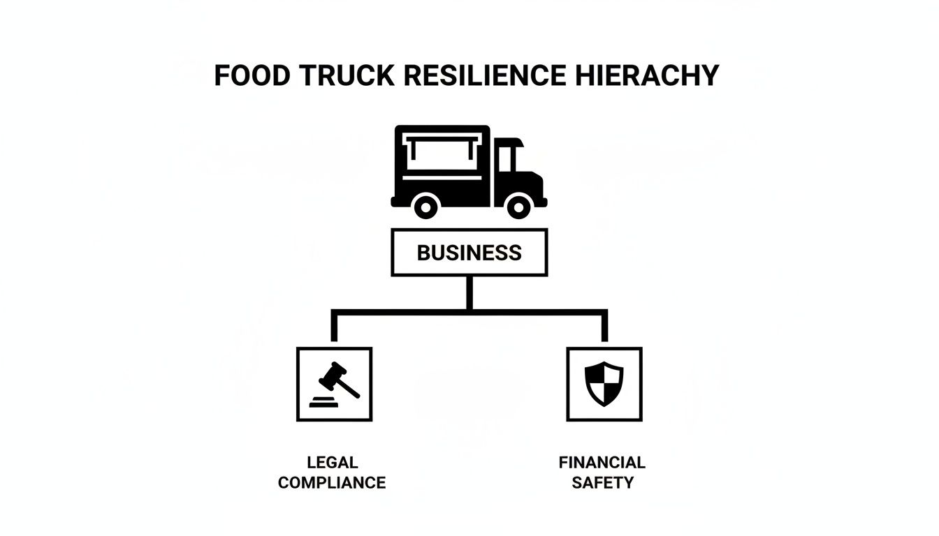 A food truck resilience hierarchy diagram showing business supported by legal compliance and financial safety.