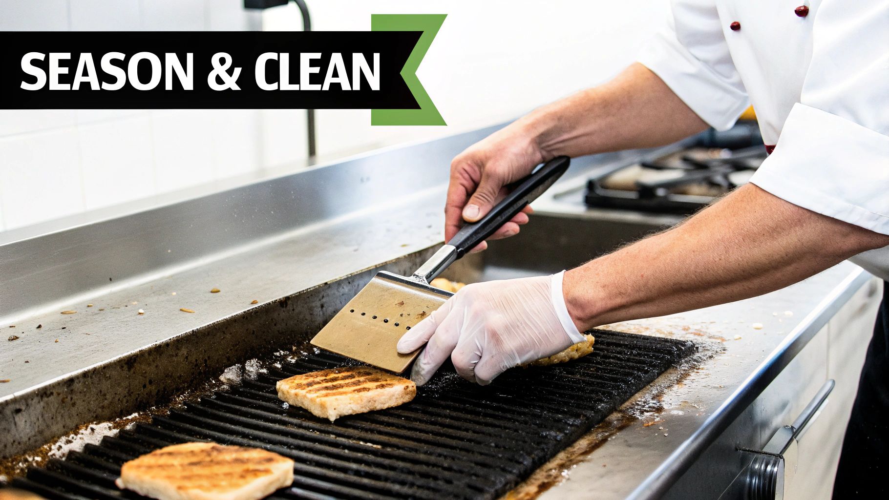 A chef seasoning a flat top grill in a restaurant kitchen.