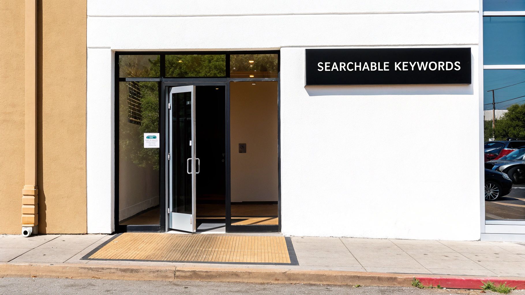 Front view of a white building entrance with an 'SEARCHABLE KEYWORDS' sign above an open glass door.