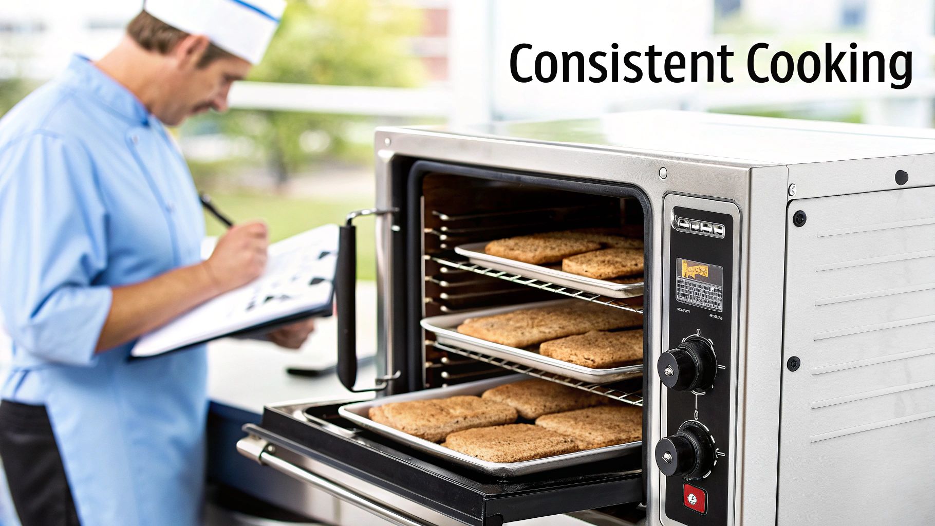 A sleek, stainless steel commercial electric convection oven in a professional kitchen setting.