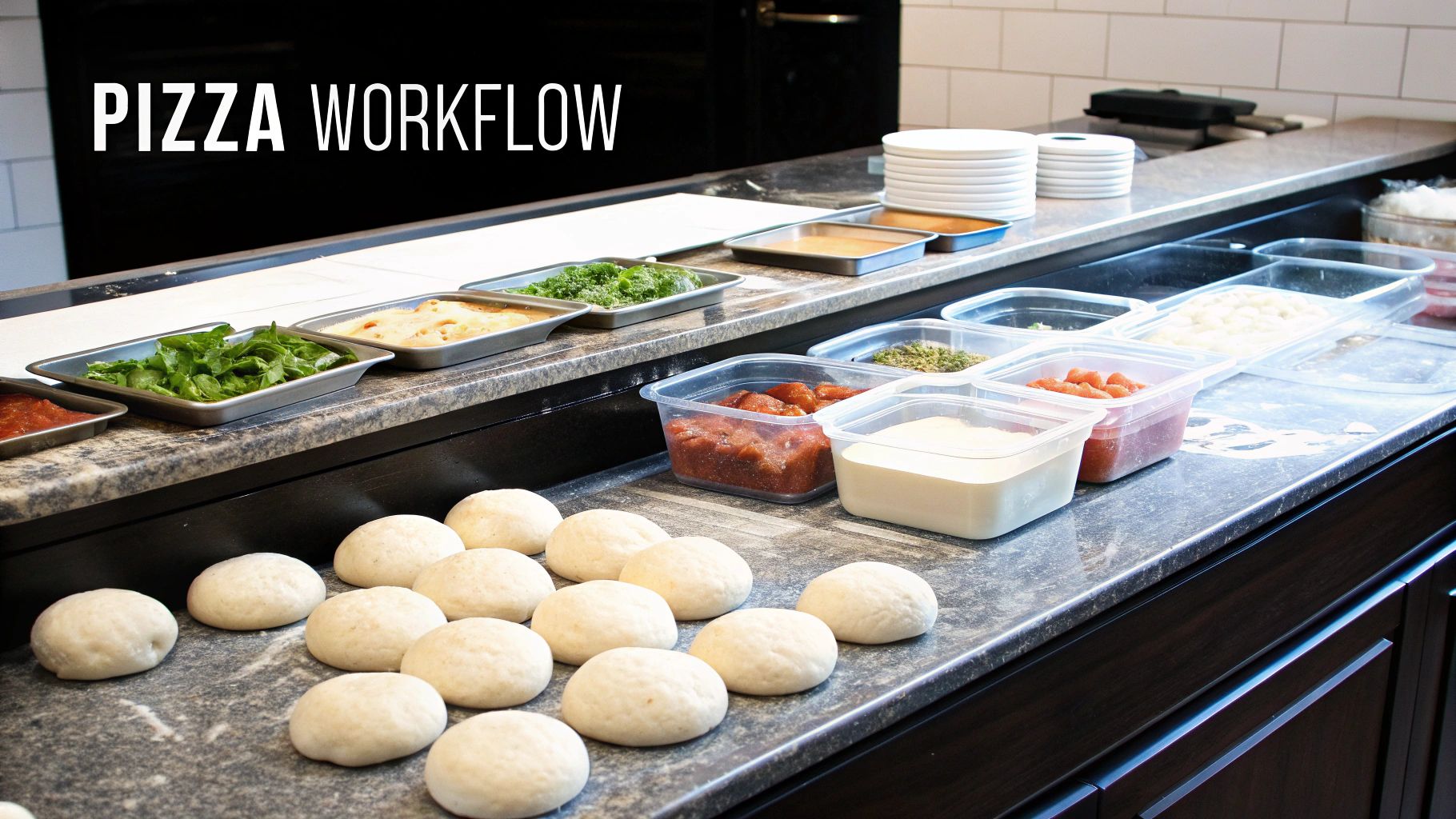 A chef expertly stretches pizza dough on a large, cool marble surface of a pizza prep table, with a refrigerated rail of fresh toppings in the background.