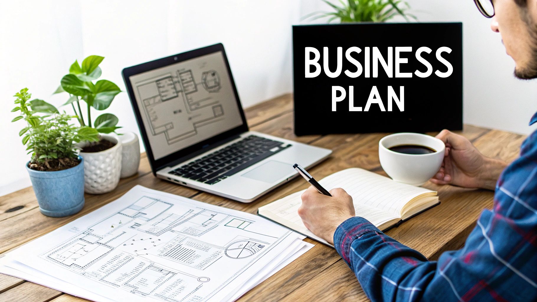 Person writing a business plan at a desk with a laptop, coffee, and plants.