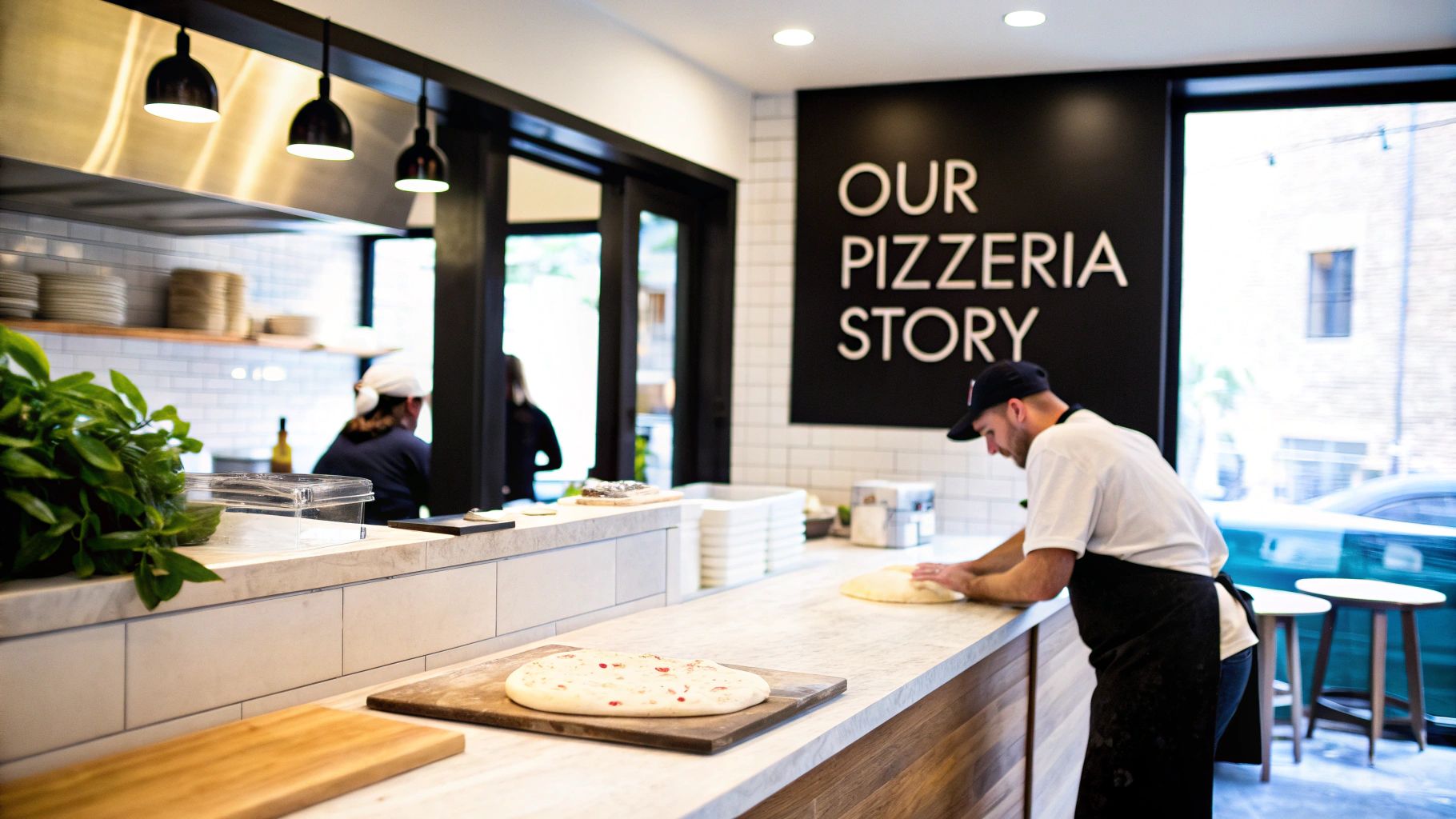A chef in a modern pizzeria prepares pizza dough on a marble counter in an open kitchen.