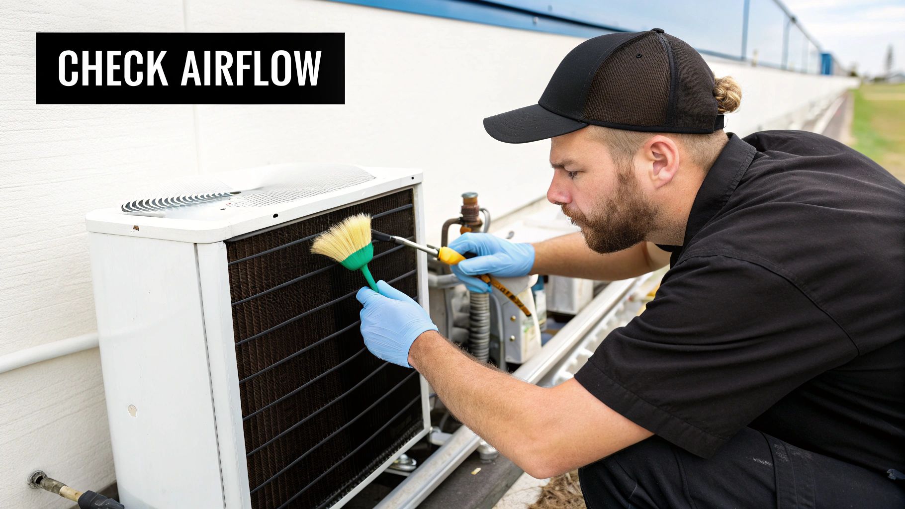 A man in work gloves cleans an outdoor air conditioning unit with a brush and a tool.