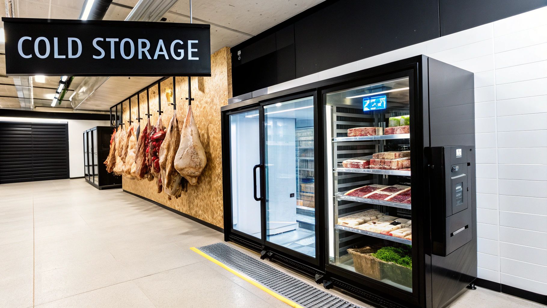 A modern cold storage area with a 'COLD STORAGE' sign, hanging meats, and a refrigerated display case.