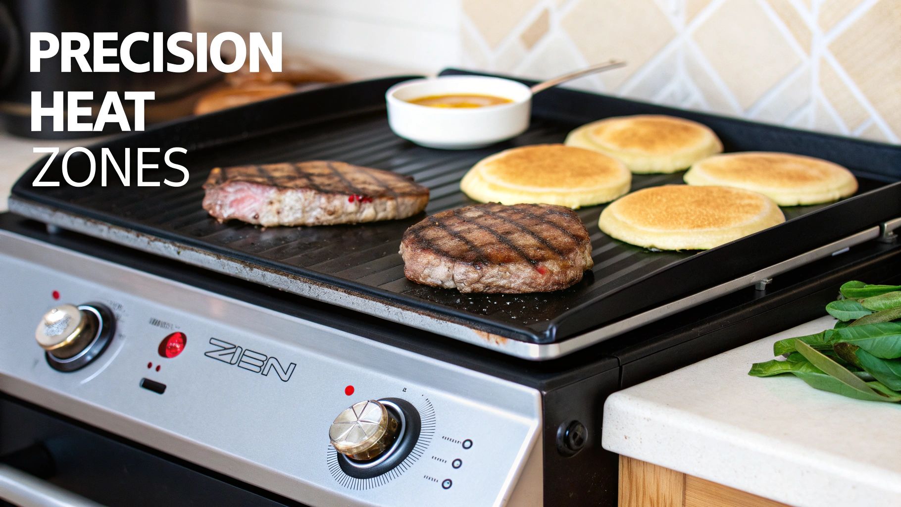 A close-up shot of food searing on the surface of a commercial Blackstone electric griddle.
