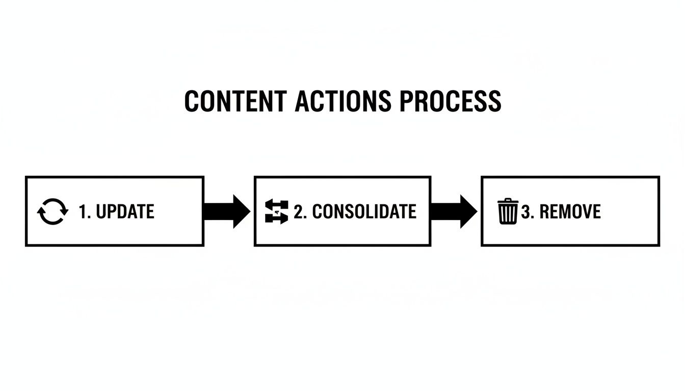A content actions process flowchart illustrating three steps: update, consolidate, and remove content, with icons.