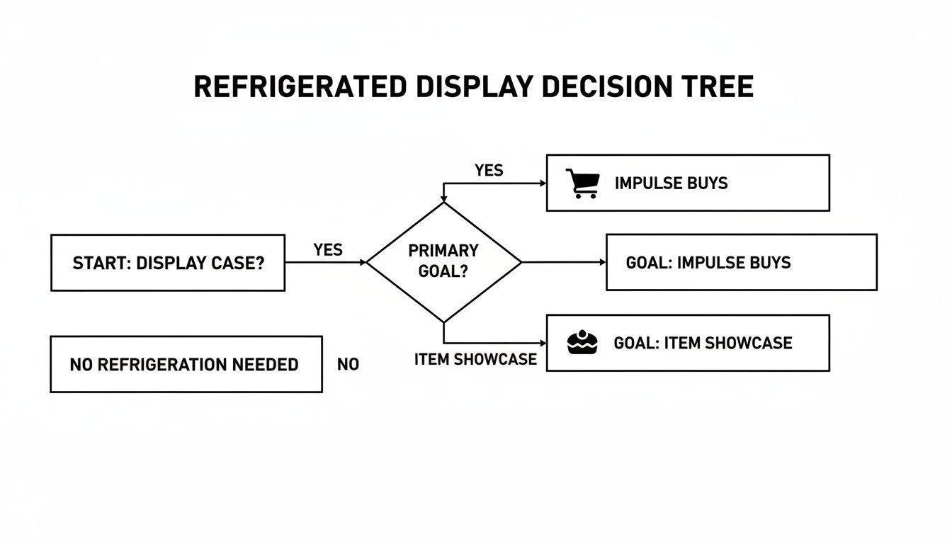 A flowchart illustrating a refrigerated display decision tree, guiding choices based on primary goals.