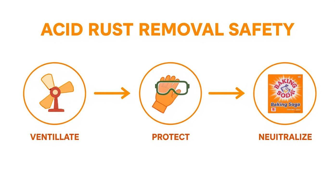 Safety steps for acid rust removal showing ventilation, protective gear, and baking soda neutralization process