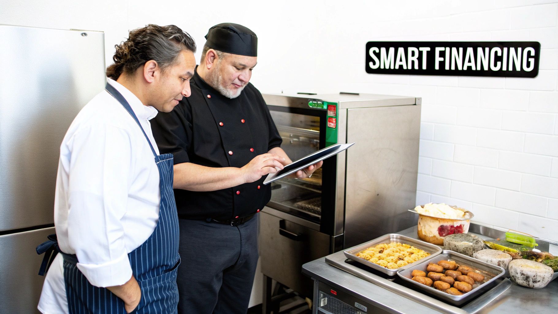 Two chefs review smart financing options on a tablet in their professional kitchen.