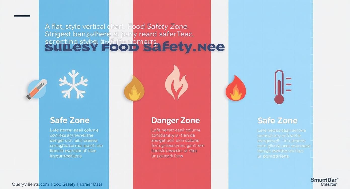 A flat-style vertical chart illustrating three food safety temperature zones: safe cold, danger, and safe hot.