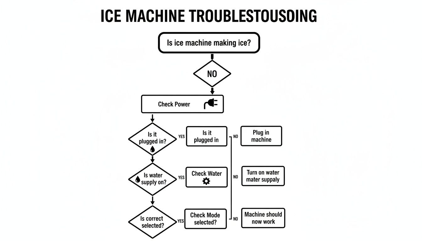 An ice machine troubleshooting guide, outlining steps to check power, water supply, and selected mode.