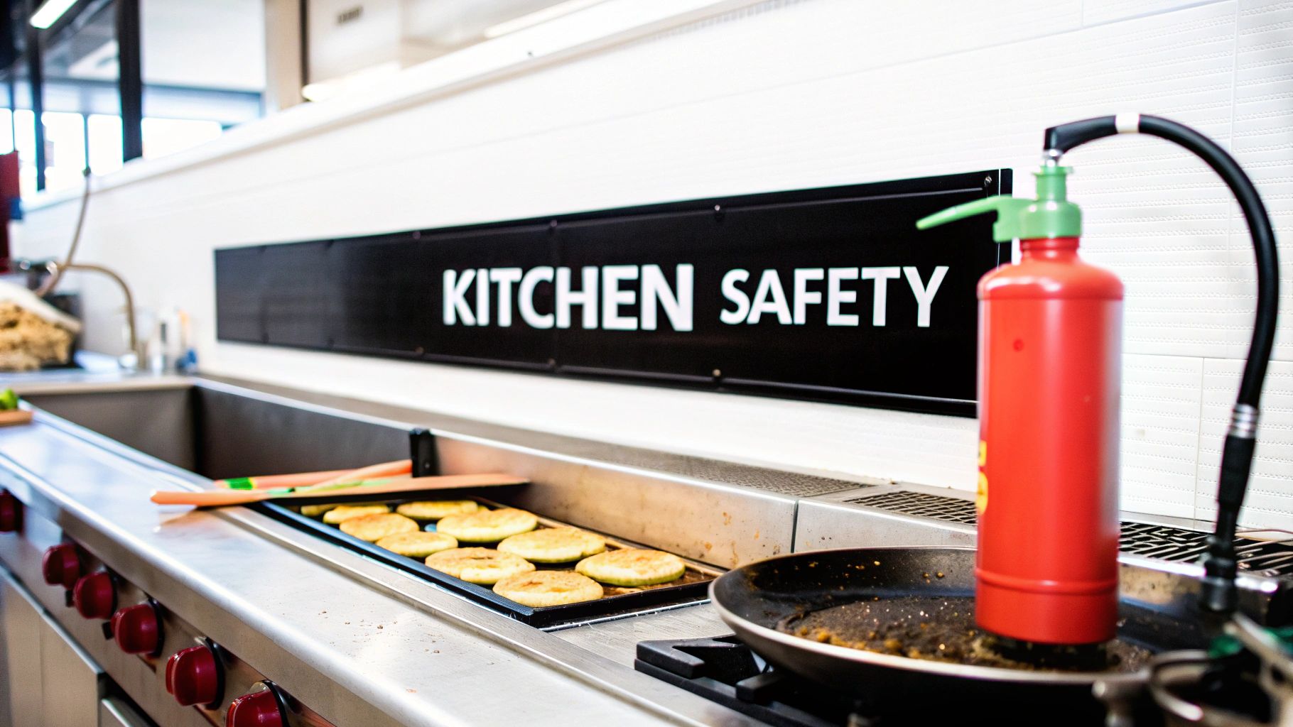 A commercial kitchen counter with a 'KITCHEN SAFETY' sign, food cooking on a griddle, a frying pan, and a red fire extinguisher.