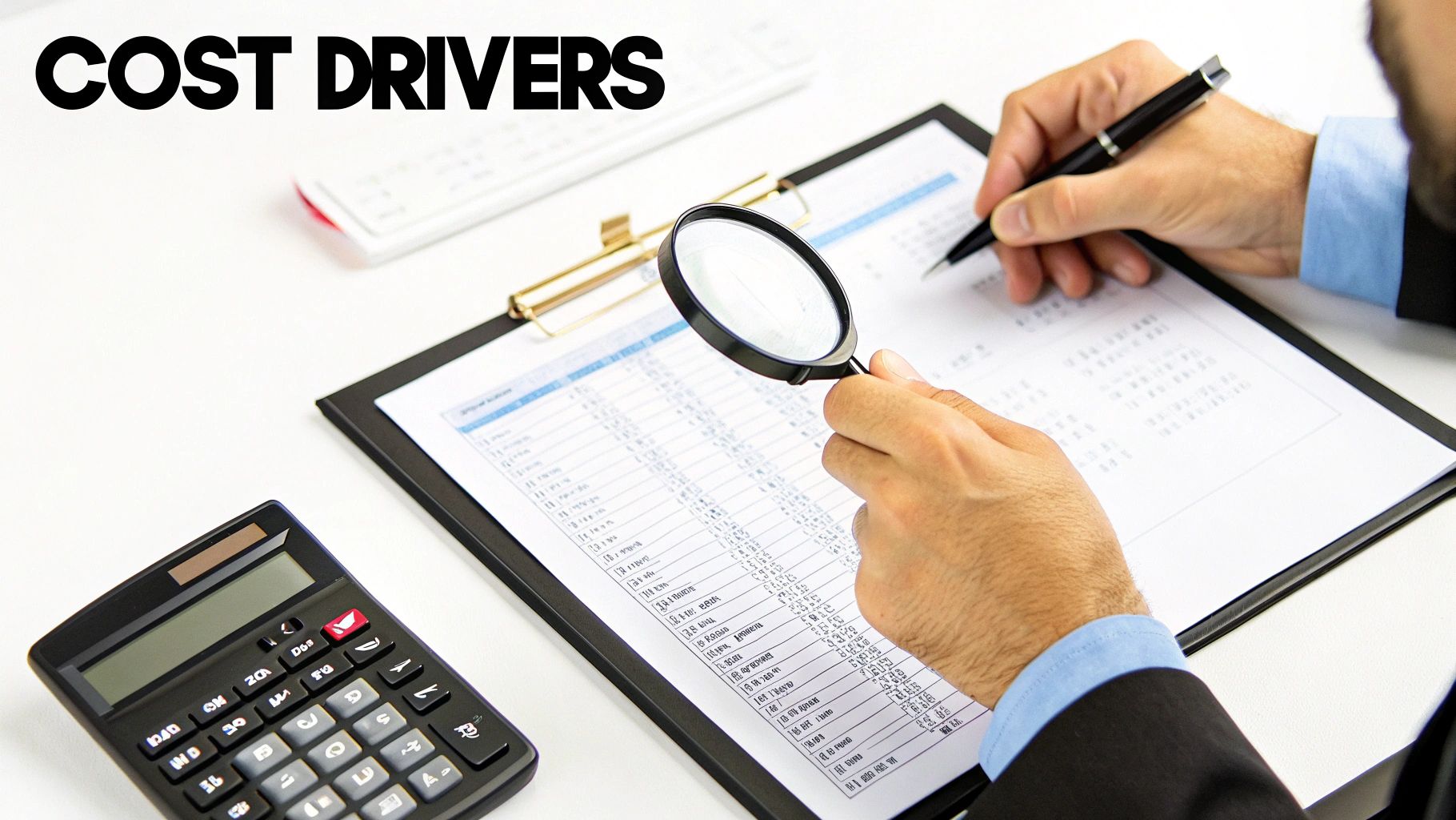 A person analyzing financial documents and data with a magnifying glass, calculator, and pen.