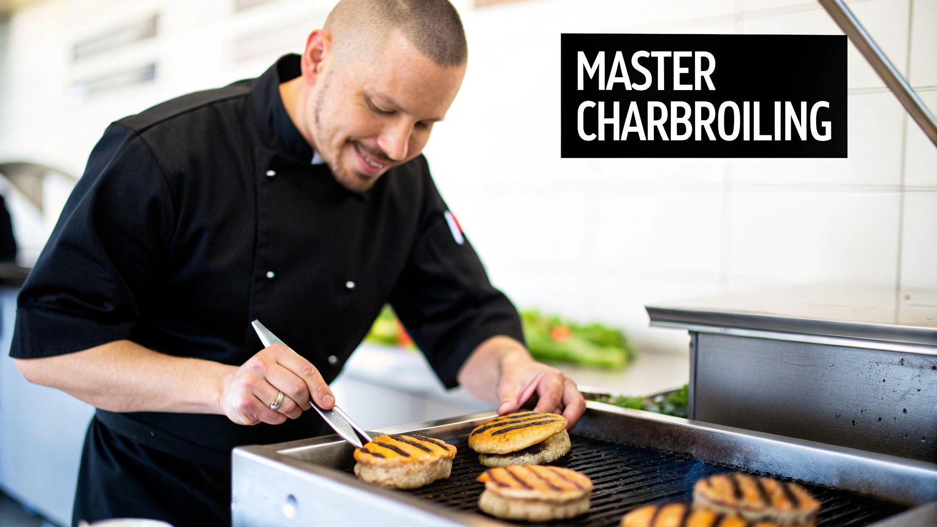 A professional chef expertly grilling and turning several patties on a charbroiler.