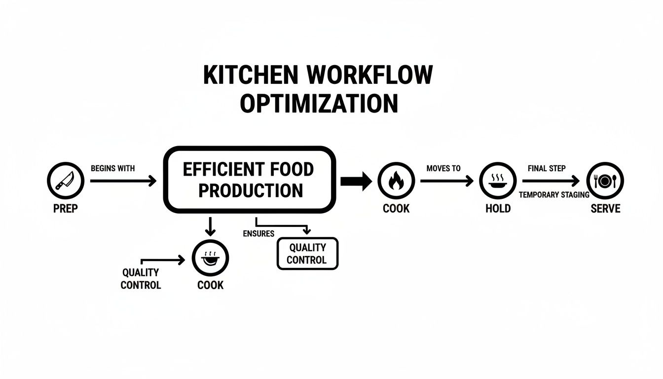 Kitchen workflow optimization diagram illustrating food production steps from prep to serve, including quality control.