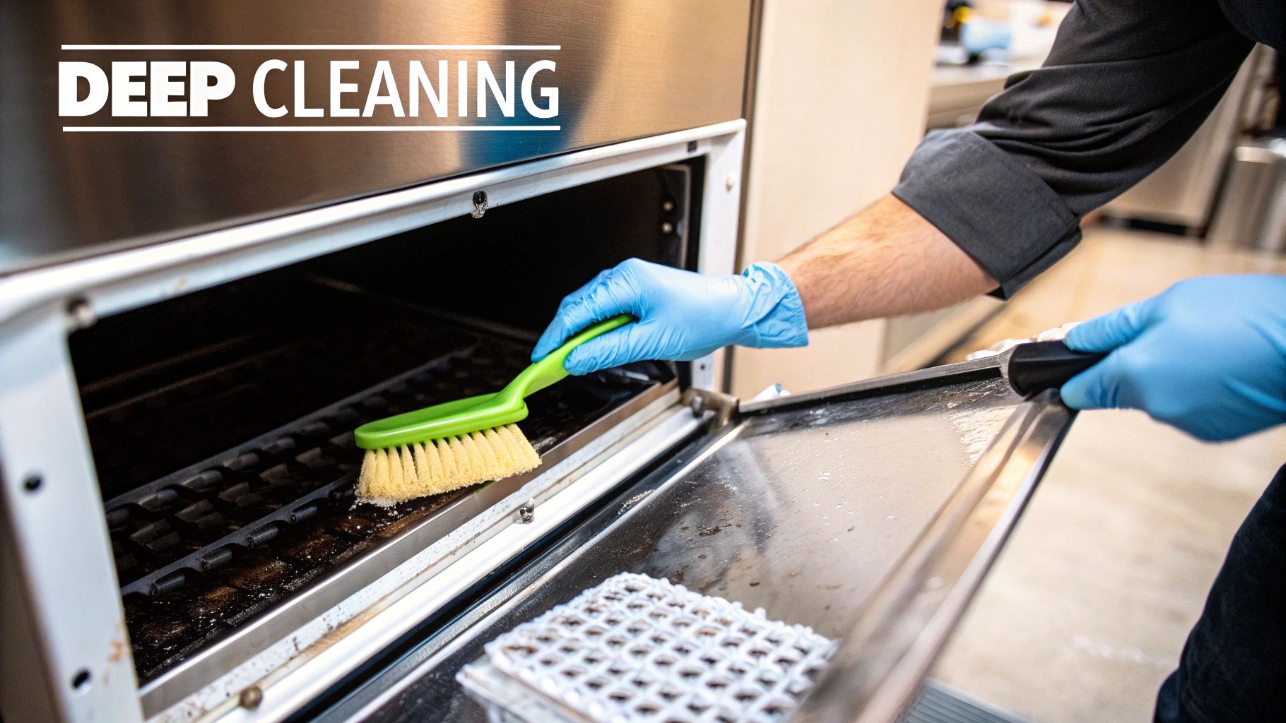Close-up of a person wearing gloves and using a specialized brush to clean the internal components of a commercial ice maker.